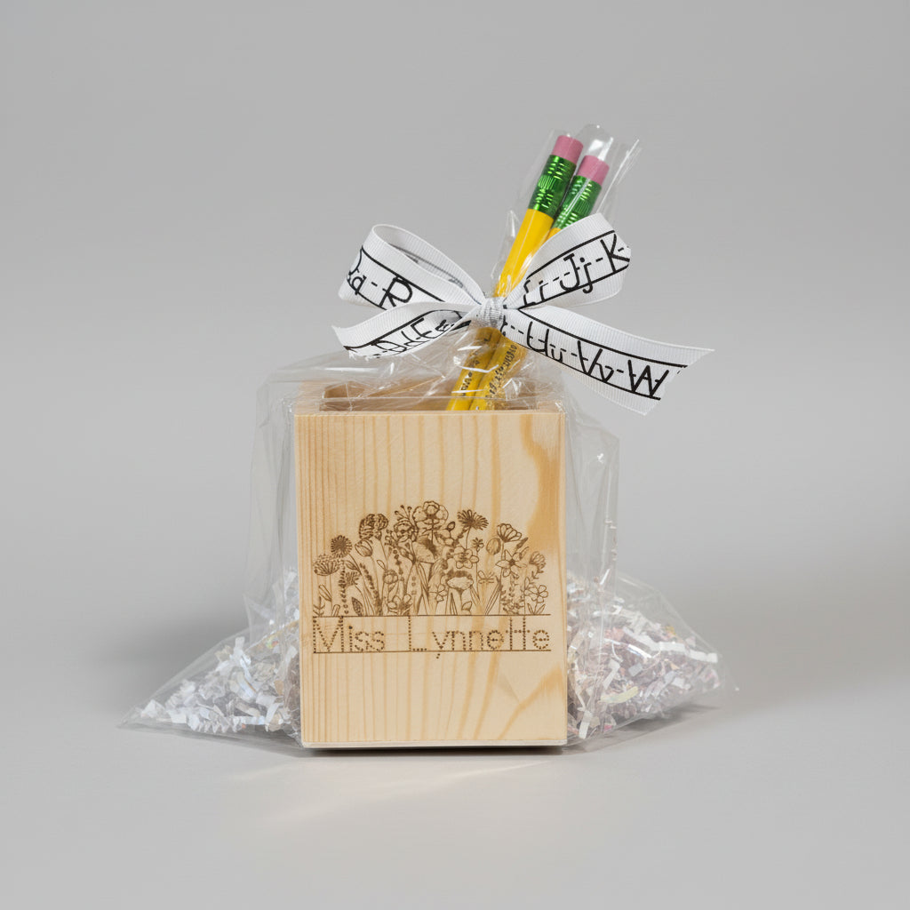 Personalized Wooden Pencil Holder Gift Set with Engraved Jumbo Pencils – Custom Teacher or Student Gift – Back to School Rainbow, Crayon or Floral Design