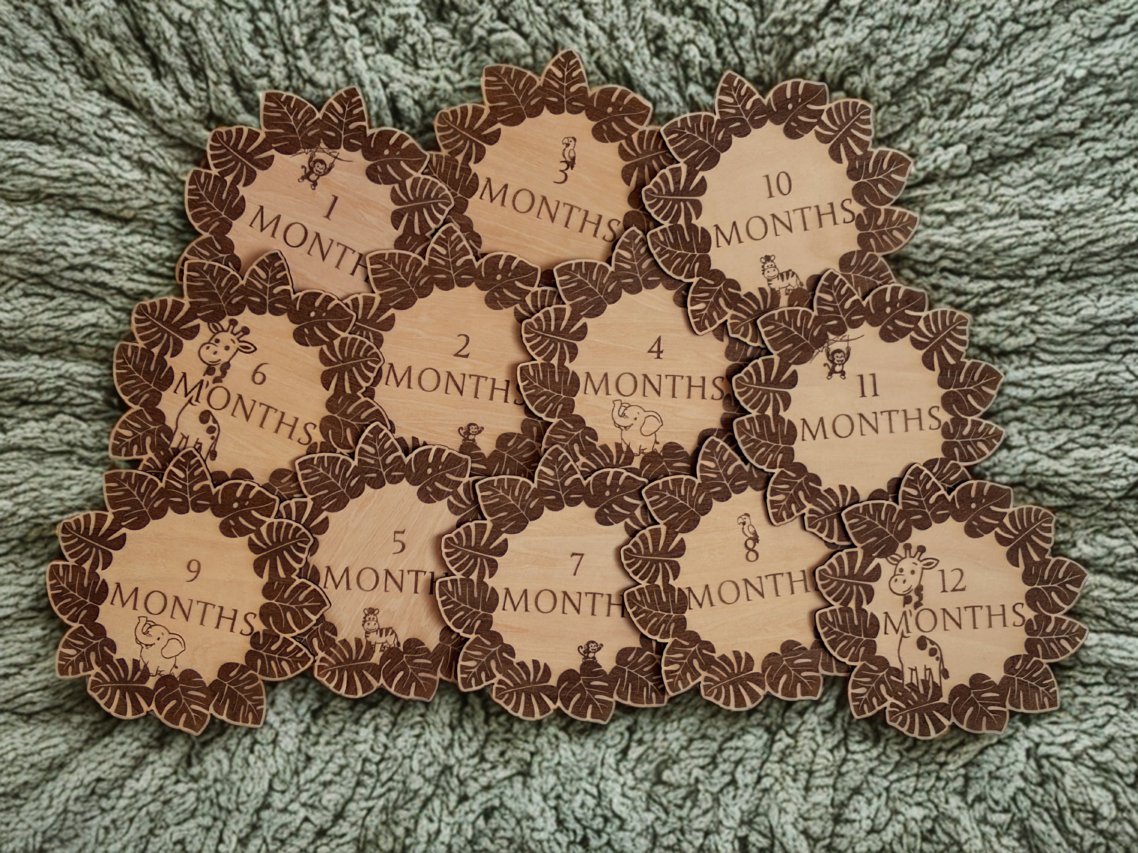 Jungle Animal Wooden Monthly Milestone Set – Baby First Year Photo Props | Laser Engraved | Set of 12