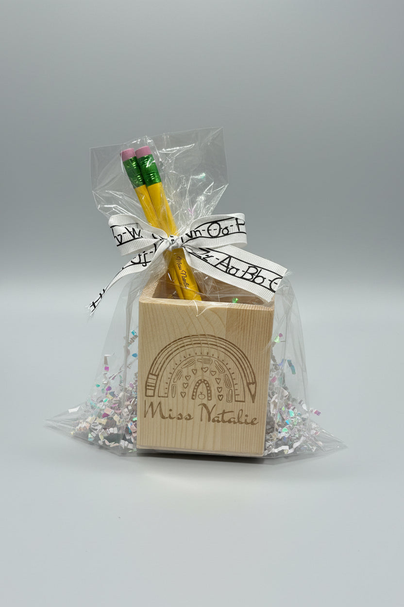 Personalized Wooden Pencil Holder Gift Set with Engraved Jumbo Pencils – Custom Teacher or Student Gift – Back to School Rainbow, Crayon or Floral Design