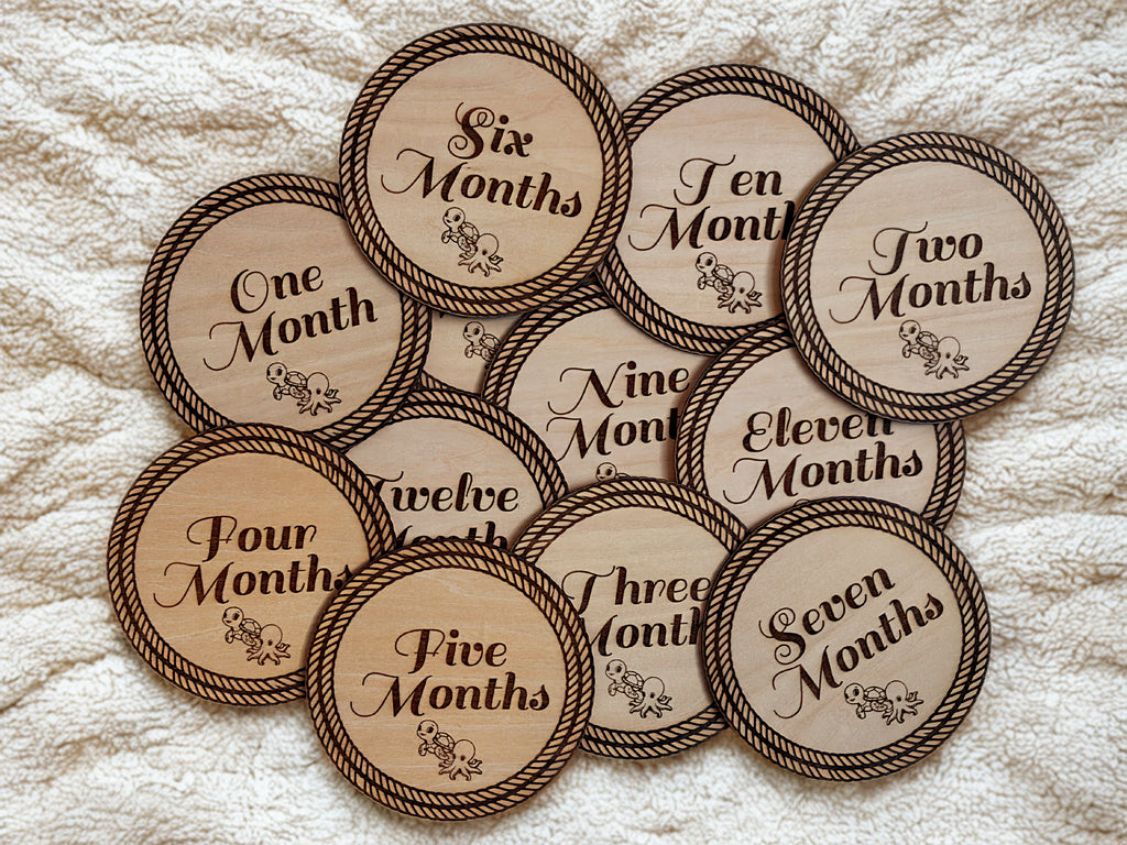 Nautical Sea Creature Wooden Monthly Milestone Set – Baby First Year Photo Props | Laser Engraved | Set of 12