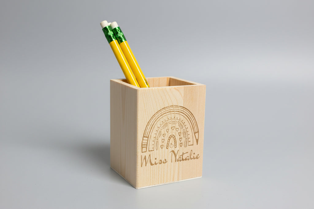 Personalized Wooden Pencil Holder Gift Set with Engraved Jumbo Pencils – Custom Teacher or Student Gift – Back to School Rainbow, Crayon or Floral Design