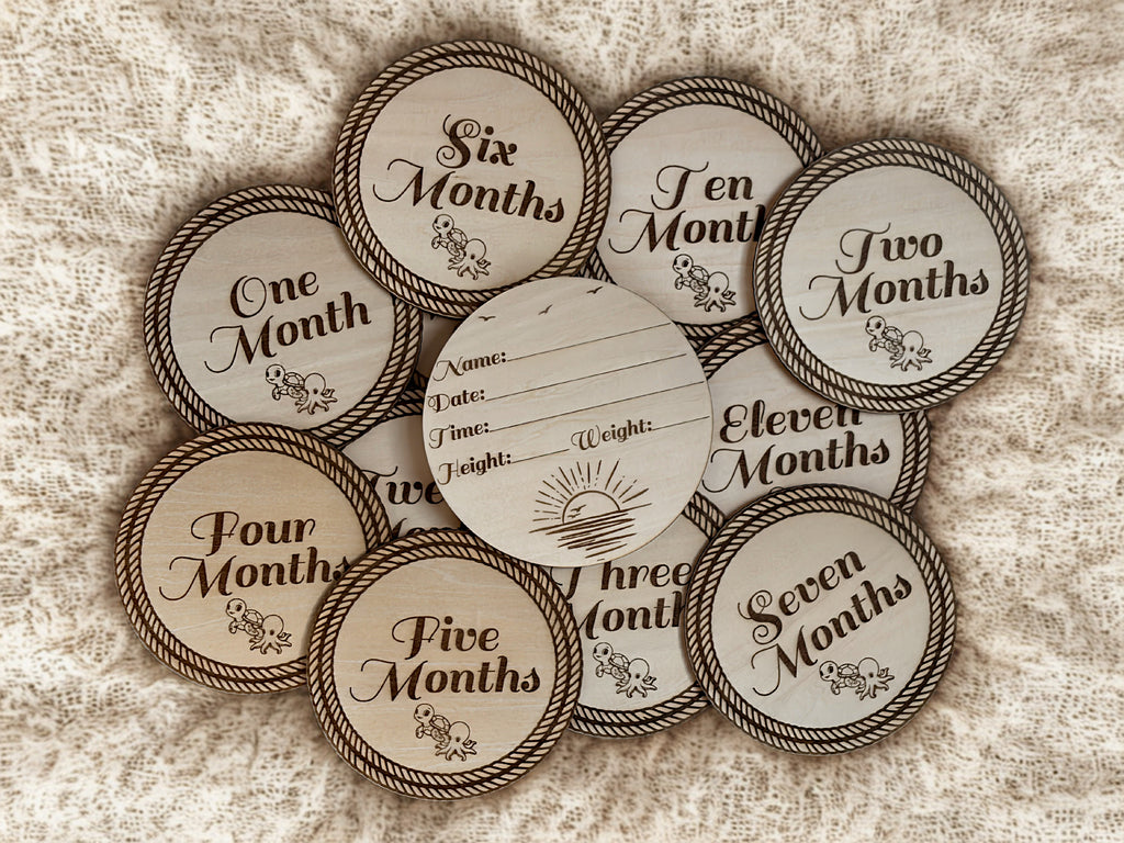 Nautical Sea Creature Wooden Monthly Milestone Set – Baby First Year Photo Props | Laser Engraved | Set of 12