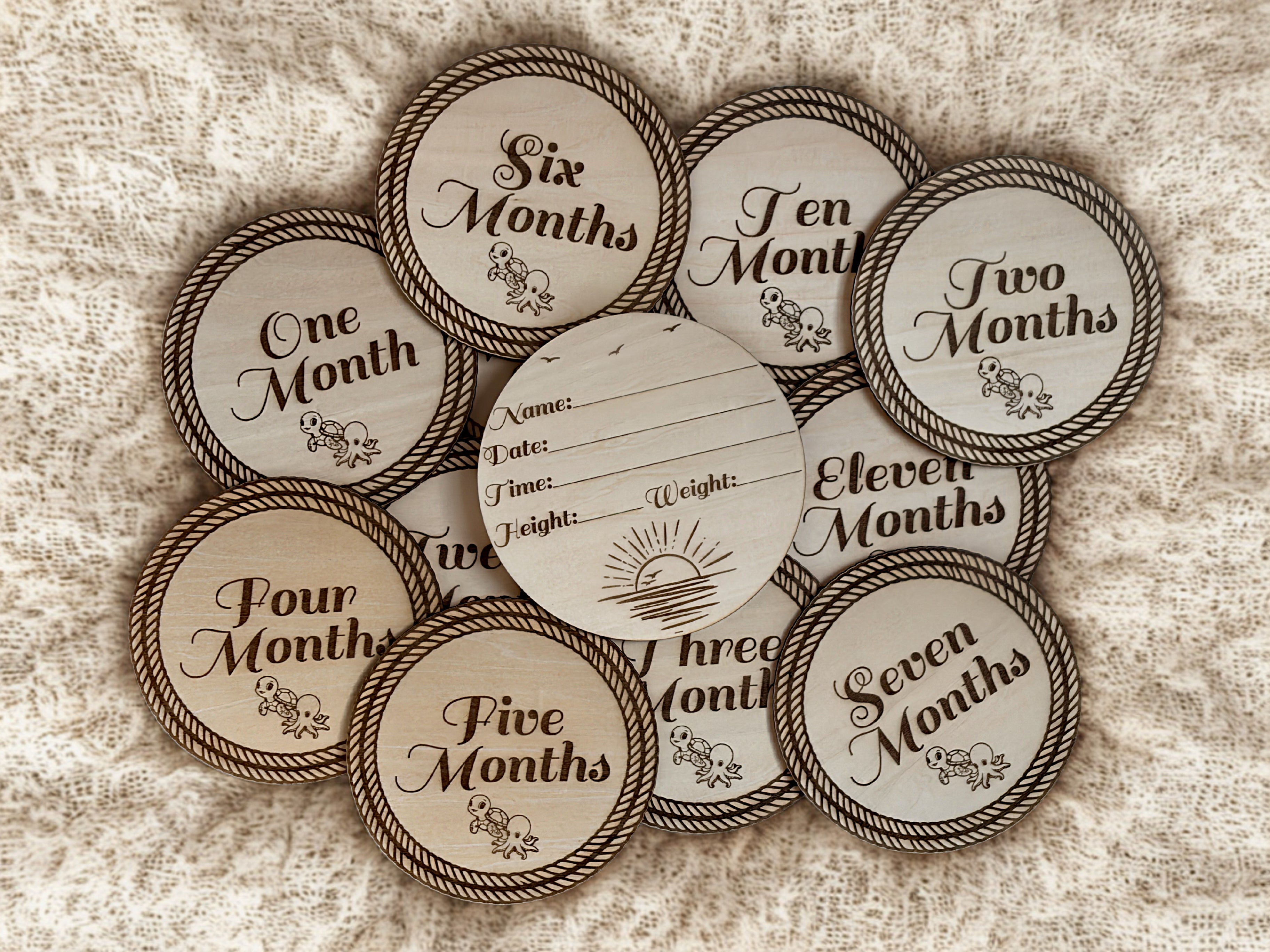 Nautical Sea Creature Wooden Monthly Milestone Set – Baby First Year Photo Props | Laser Engraved | Set of 12