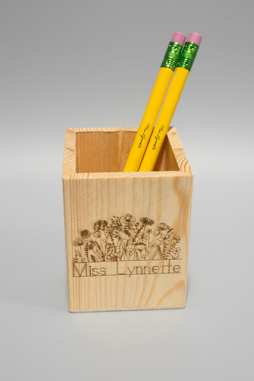 Personalized Wooden Pencil Holder Gift Set with Engraved Jumbo Pencils – Custom Teacher or Student Gift – Back to School Rainbow, Crayon or Floral Design