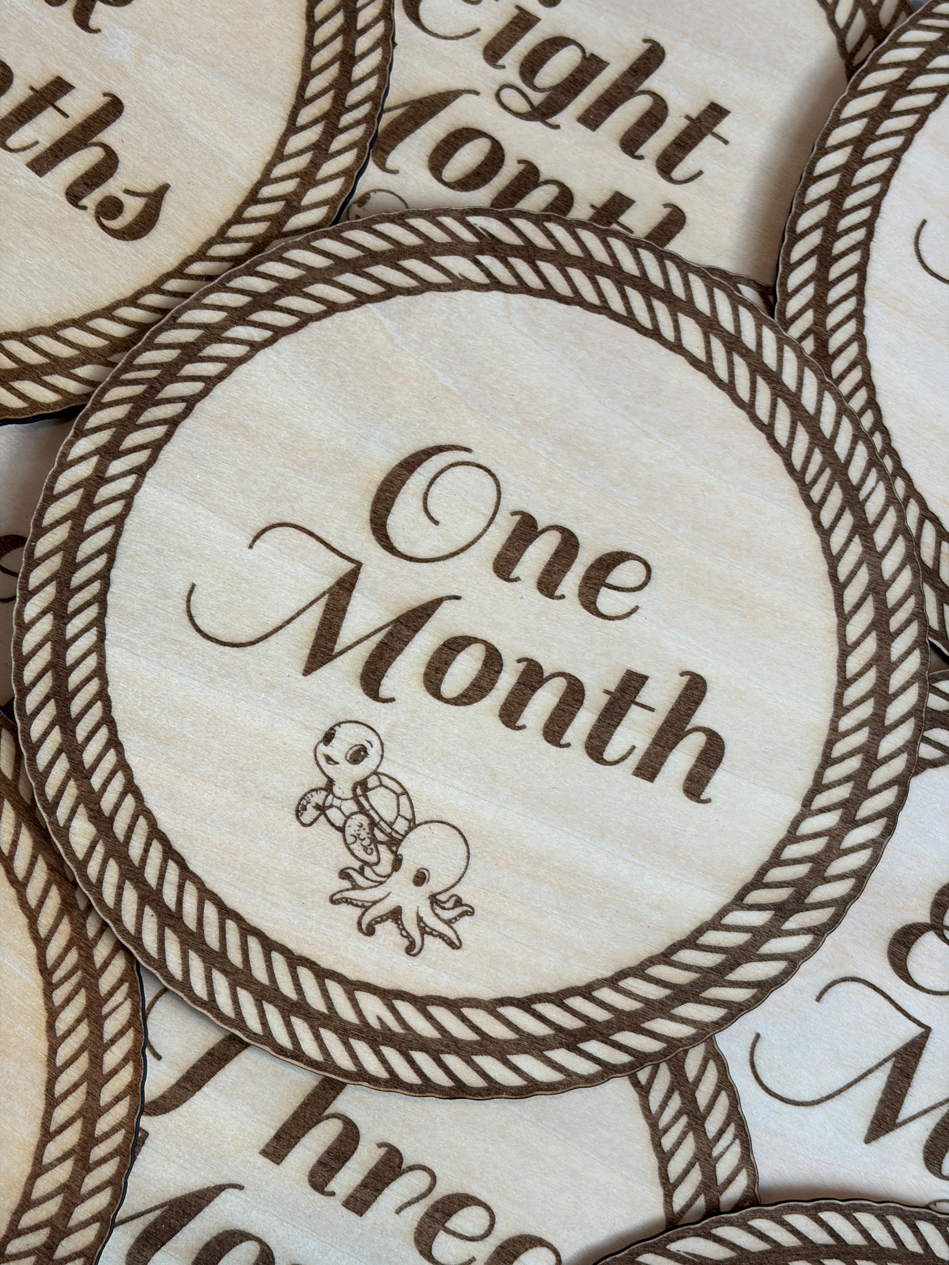 Nautical Sea Creature Wooden Monthly Milestone Set – Baby First Year Photo Props | Laser Engraved | Set of 12