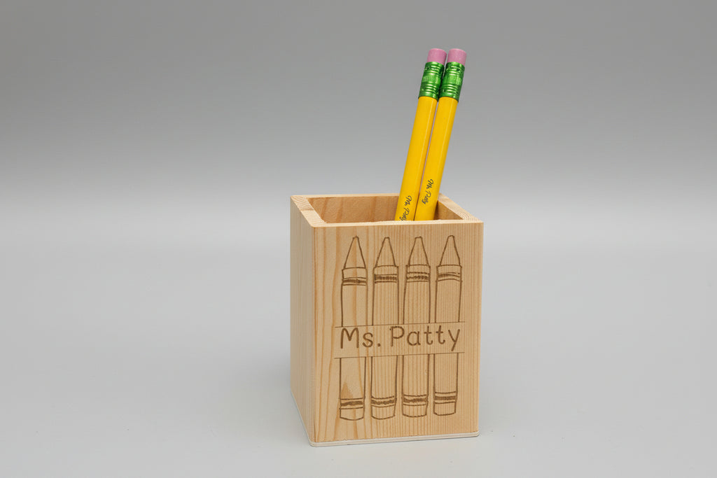 Personalized Wooden Pencil Holder Gift Set with Engraved Jumbo Pencils – Custom Teacher or Student Gift – Back to School Rainbow, Crayon or Floral Design