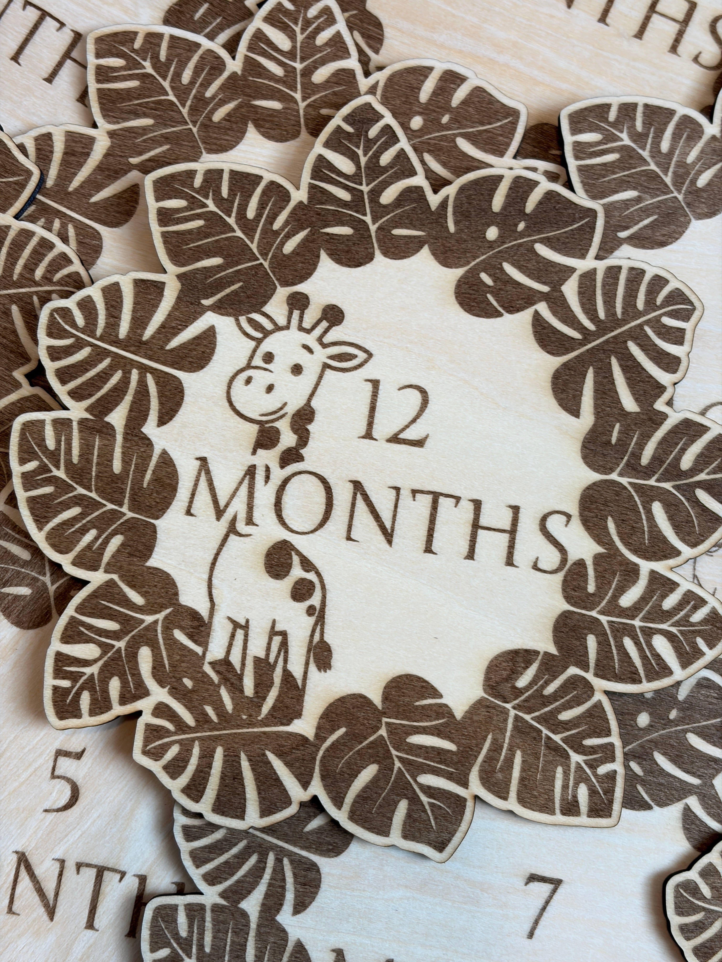 Jungle Animal Wooden Monthly Milestone Set – Baby First Year Photo Props | Laser Engraved | Set of 12