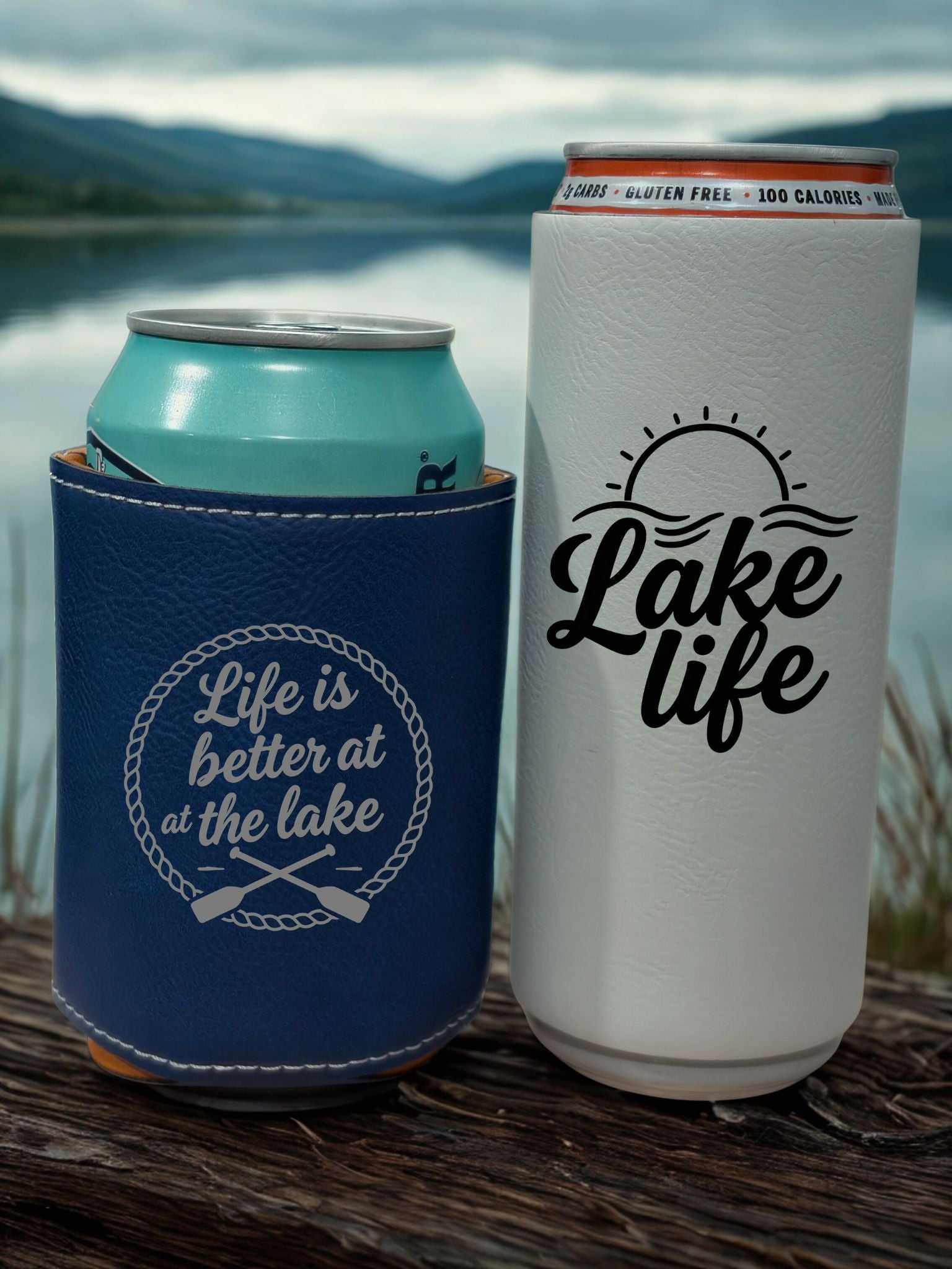 Personalized Leather Lake Koozies – Laser Engraved Lake Life Designs (12 oz Tall & Standard Can)