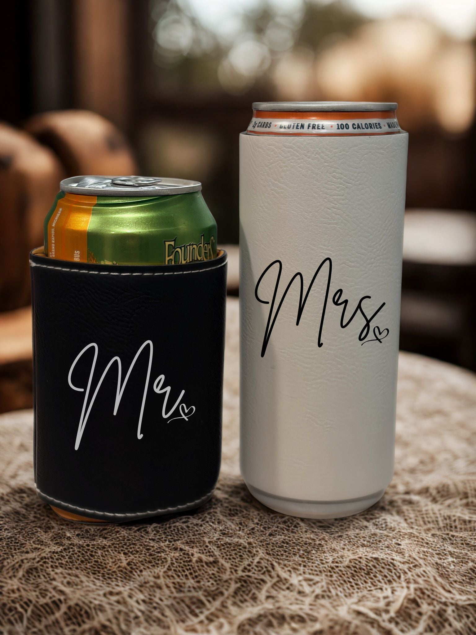 Personalized Leather Wedding Koozies – Laser Engraved Wedding Favors (12 oz Tall & Standard Can)