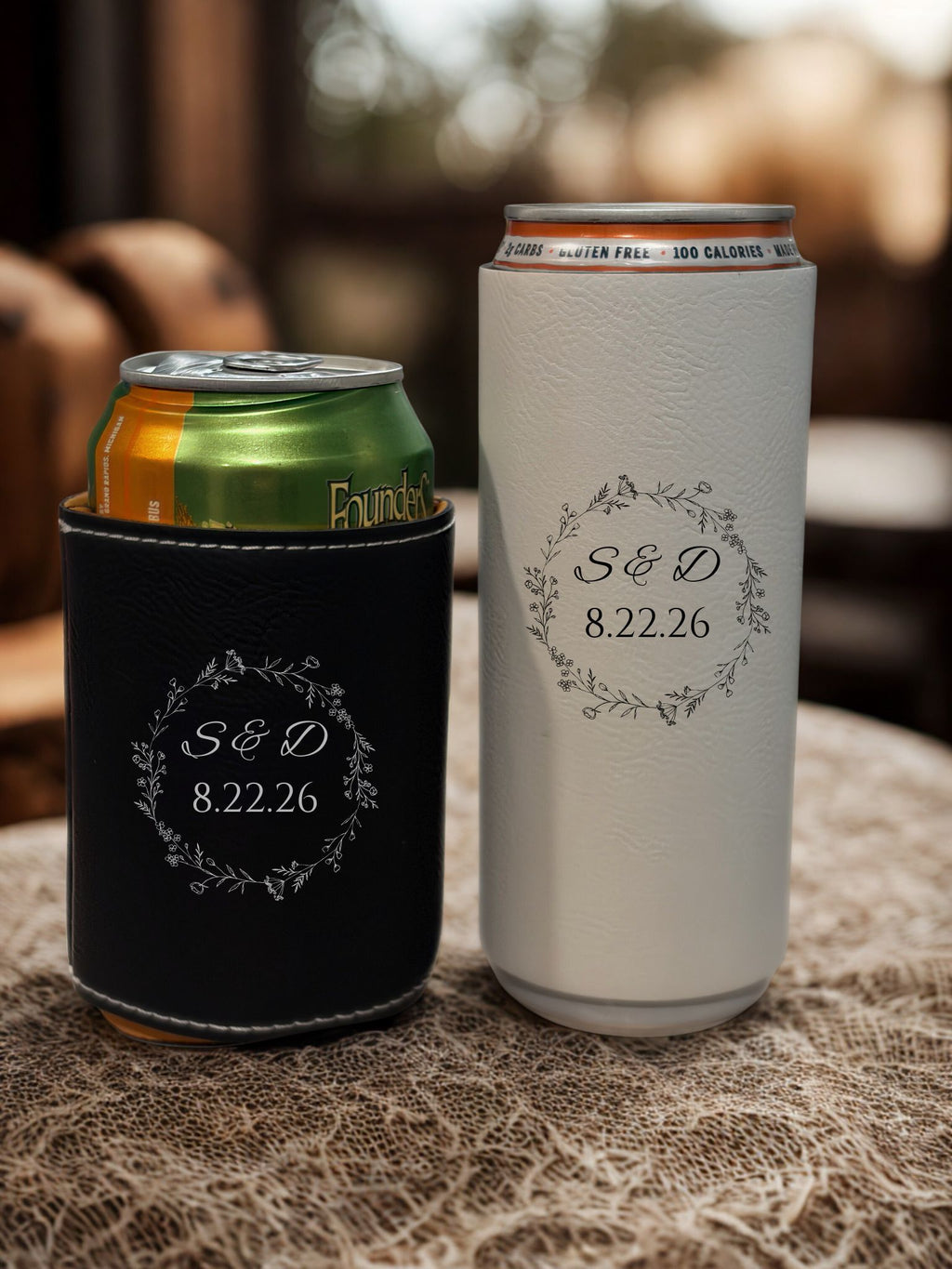 Personalized Leather Wedding Koozies – Laser Engraved Wedding Favors (12 oz Tall & Standard Can)